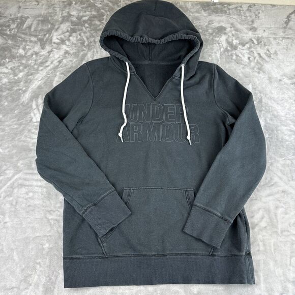 Under Armour Spellout Pullover Hoodie Womens M Black V Neck Pocket Casual (0787) - Picture 6 of 9